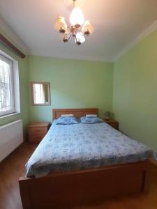 um quarto com uma cama e uma ventoinha de tecto em When in Tbilisi em Tbilisi