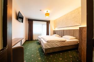 a hotel room with two beds and a television at Vila Hora cu Brazi in Zărneşti