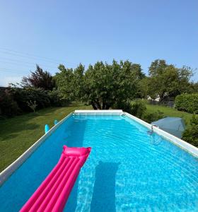 a swimming pool with a pink inflatable at Appartamento La Corte Verona in Verona
