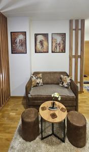 ein Wohnzimmer mit einem Sofa und einem Tisch in der Unterkunft Dia in Vrnjačka Banja