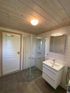 ein Bad mit einem Waschbecken, einer Dusche und einem Spiegel in der Unterkunft Hytte i landlige omgivelser på Hadeland in Gran