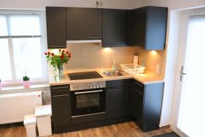 a kitchen with black cabinets and a sink at Ferienwohnungen Arp "2D" mit Terrasse und Parkplatz in Itzehoe