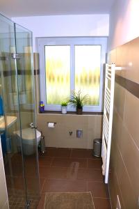 ein Bad mit WC und ein Fenster mit Pflanzen in der Unterkunft Ferienwohnungen Arp "2D" mit Terrasse und Parkplatz in Itzehoe