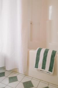 ein Badezimmer mit einem grünen und weißen Handtuch auf einer Badewanne in der Unterkunft 2403 - Oak Knoll #4 cabin in Big Bear Lake
