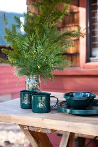 un tavolo con due tazze verdi e una pianta in vaso di 2405 - Oak Knoll Studio #6 cabin a Big Bear Lake