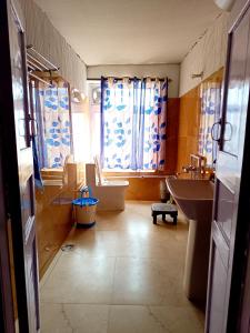 a bathroom with a sink and a toilet and window at Nawang HomeStay in Kaza