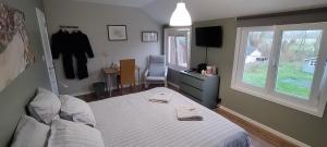 ein Schlafzimmer mit einem Bett, einer Kommode und einem Fenster in der Unterkunft Au Fond des Rys in Grez-Doiceau