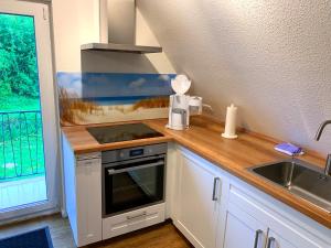 una cucina con piano di lavoro, lavandino e piano cottura di Ferienwohnungen Arp "Nordsee" mit Balkon und Parkplatz a Itzehoe