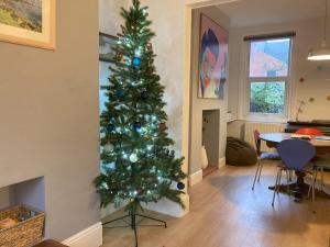 uma árvore de Natal numa sala de estar com uma mesa em 3 bedroom Victorian house close to City centre em Exeter