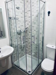 a bathroom with a shower and a toilet and a sink at Nice and new furnished apartments in Torrevieja centre in Torrevieja