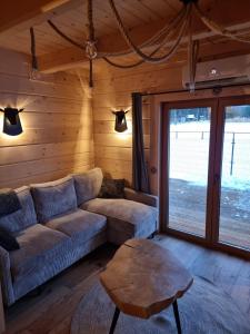 a living room with a couch and a table at Domek w Witowie in Witów
