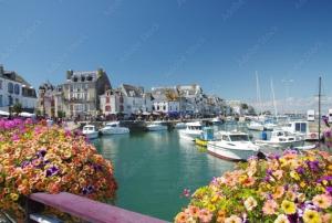 a group of boats docked in a harbor with flowers at Maison 6 personnes avec terrasse, piscines et sauna in Pornichet