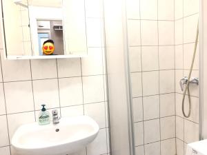 a bathroom with a sink and a mirror at Quiet beautiful apartment in Tuttlingen