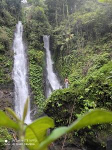 a man standing in front of a waterfall at Wanagiri sunset glamping in Gitgit