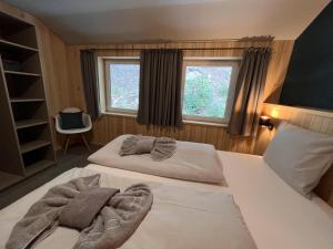 two beds in a room with two windows at Haus Bergquell App 7 in Willingen