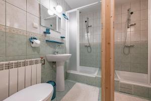 a bathroom with a toilet sink and a shower at Apartament u Wróbla in Leśnica