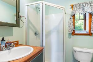 a bathroom with a shower and a sink and a toilet at Penn Cove Overlook by AvantStay Cabin w Views in Oak Harbor