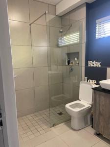 een badkamer met een douche, een toilet en een wastafel bij Green Valley Bliss in Boschrand
