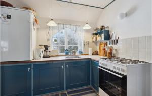 a kitchen with blue cabinets and a white stove top oven at Cozy Home In Fan With Kitchen in Fanø