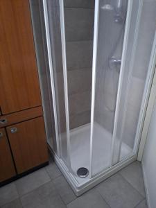 een douche met een glazen deur in de badkamer bij Casa Vacanze Tavernella di Pam in Villa di Chiavenna