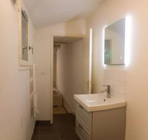 ein Bad mit einem Waschbecken und einem Spiegel in der Unterkunft Appartement avec cour privée + clim séjour + wifi in Avignon