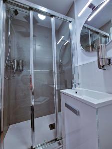 y baño con ducha y lavamanos. en Hostal A Nuestra Senora de La Paloma, en Madrid