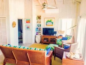 ein Wohnzimmer mit einem Sofa, Stühlen und einem TV in der Unterkunft Sea Smile in Staniel Cay