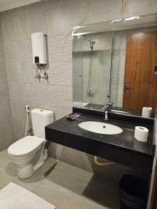 een badkamer met een toilet, een wastafel en een spiegel bij Royal Garden Hotel & Restaurant in Caïro