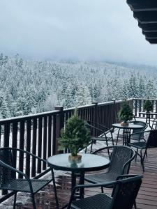 una terraza con mesas, sillas y árboles nevados en Мелодія Гір Вид на гори en Vorokhta