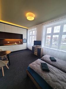 a bedroom with two beds and a table and a television at Skořepka15 apartment Brno-střed in Brno
