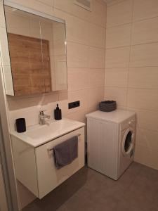 ein Badezimmer mit einer Waschmaschine und einem Waschbecken in der Unterkunft Exklusiv Appartement in Innsbruck