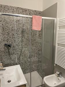 uma casa de banho com um chuveiro e um lavatório. em Santa Vincenza - Suite Indipendente em Lovere