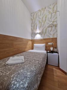 Dormitorio pequeño con cama y pared en Hostal A Nuestra Senora de La Paloma, en Madrid