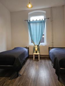 Zimmer mit 2 Betten und einem Fenster mit blauem Vorhang in der Unterkunft Ap 10 - 2 SZ bei Helmstedt und Oschersleben in Ausleben