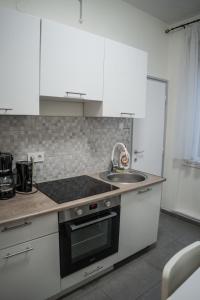 a kitchen with a sink and a stove top oven at Oskola Luxury Apartment in Szeged