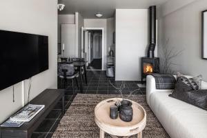 a living room with a couch and a fireplace at Høyfjellsgrend 962 in Trysil