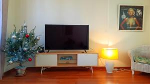 a living room with a television and a christmas tree at Casa vacanze in centro in Lecco
