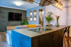 - une cuisine avec un îlot bleu dans le salon dans l'établissement Appartement Cosy Jardin et Terrasse, à Strasbourg