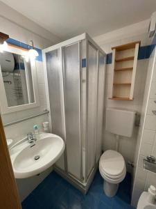 a bathroom with a sink and a toilet and a shower at Appartamento con vista sulle Pale di San Martino in San Martino di Castrozza