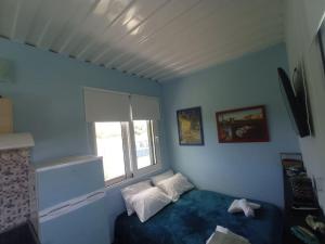 a blue room with a bed and a window at Micro_Ble vacation home in Ropanianá