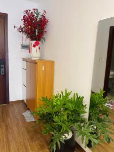 um quarto com plantas e um armário com flores em LaLaHome Bắc Ninh em Bắc Ninh