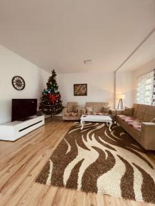 a living room with a christmas tree and a couch at Fron's Apartment in Pristina