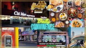 a collage of pictures of different restaurants and signs at Honeycomb Capsule Hostel Near Burjuman and Sharaf dg metro in Dubai
