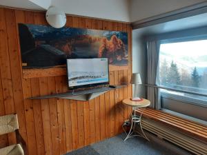a room with a television on a wooden wall with a window at ABITARE MARILLEVA in Trento