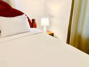 Cama blanca con almohada blanca y lámpara en Asili Nyumbani Residence en Kiwengwa