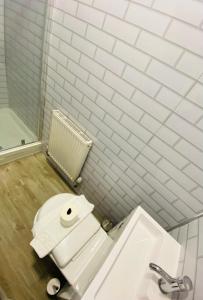 Łazienka z białą toaletą i umywalką w obiekcie Caerau Heights w mieście Newport