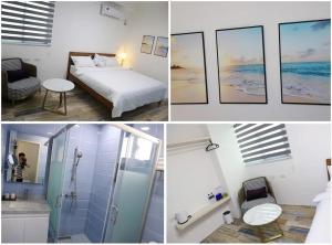un collage di foto di una camera da letto e di un bagno di 澎湖卡米諾民宿ll住宿接駁ll貓店長 a Magong