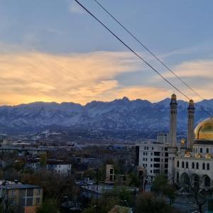 vistas a una ciudad con montañas en el fondo en Mega Apart in Almaty en Almaty