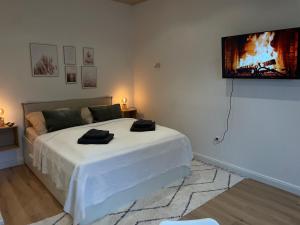 a bedroom with a bed and a tv on the wall at Cozy Apartment Blume in Hagen