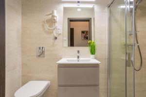 a bathroom with a toilet and a sink and a shower at Extra Central New & Stylish Studio in Budapest